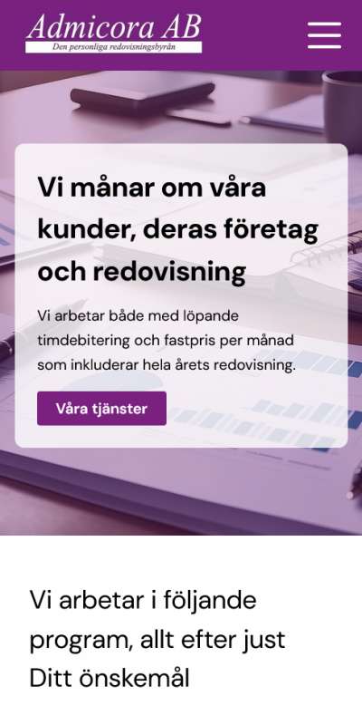 Admicora hemsida på mobil