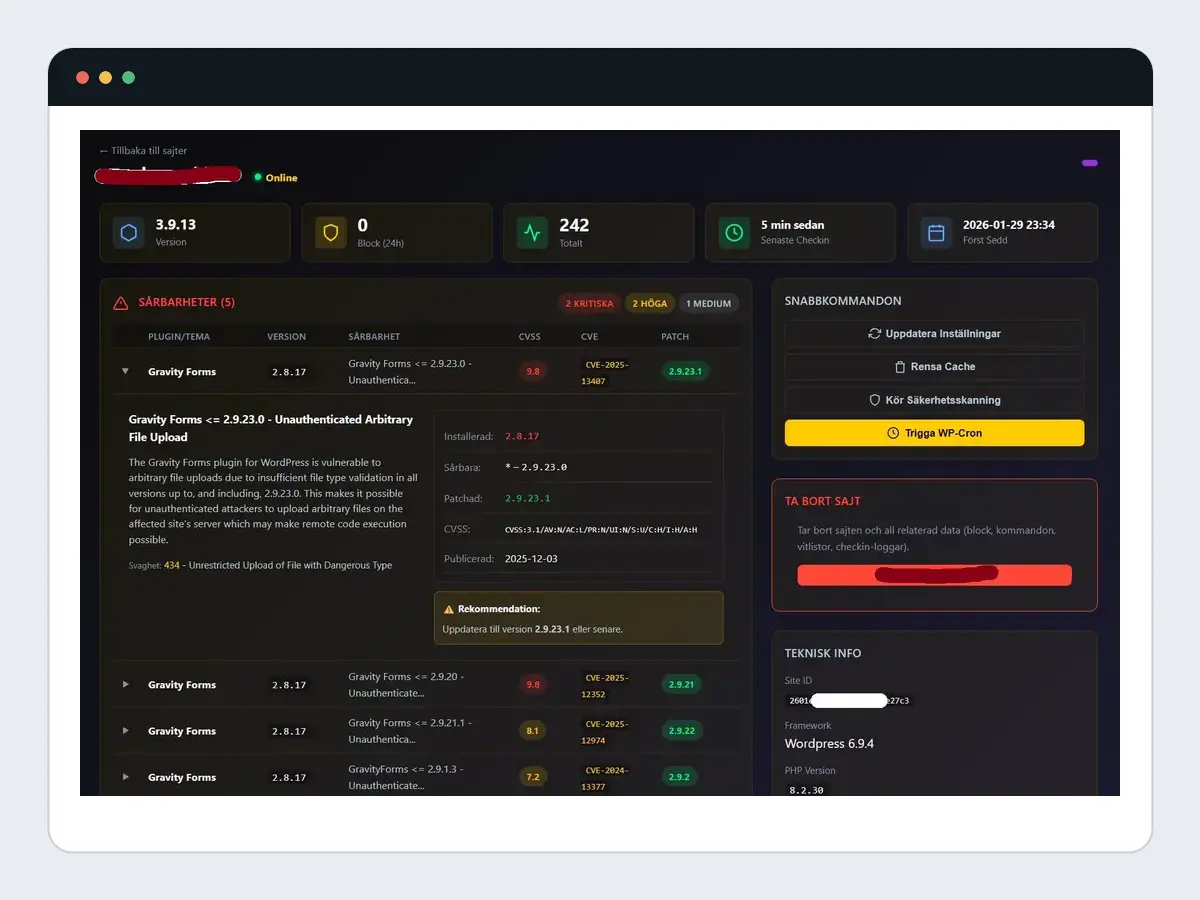 WF SecurityCloud visar säkerhetsstatus och sårbarheter