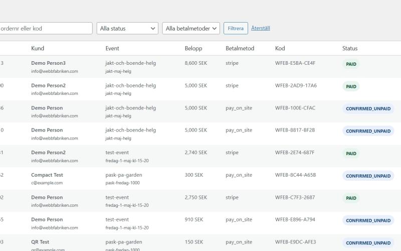 WF EasyBooking admin-inställningar