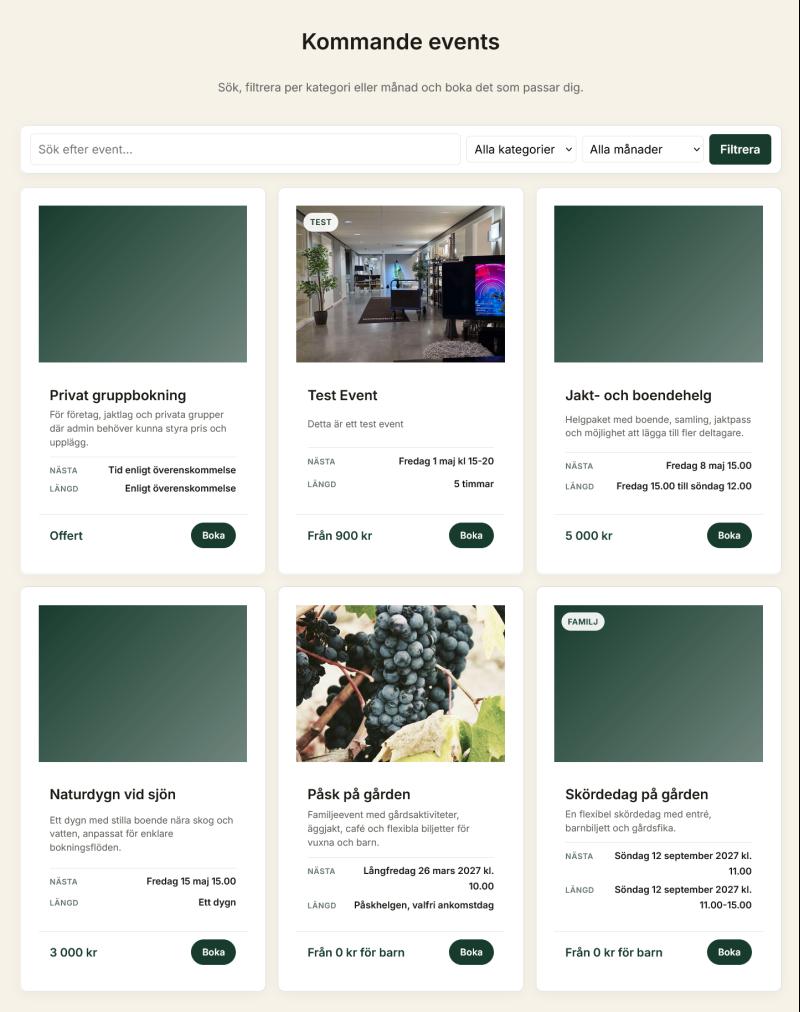 WF EasyBooking startsida med event